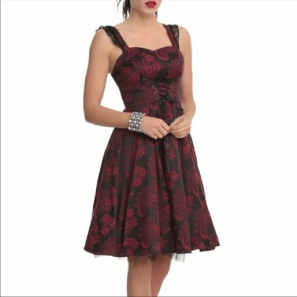 Hearts & Roses Dress Brocade Lace-Up Rockabilly - Picture 3 of 4